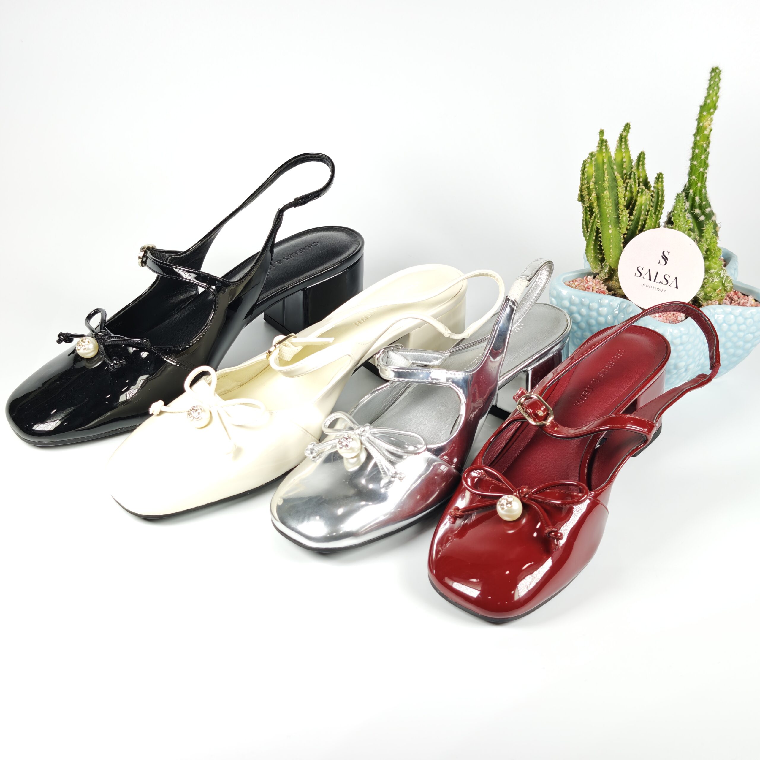 Giày slingback CNK nơ dây da bóng